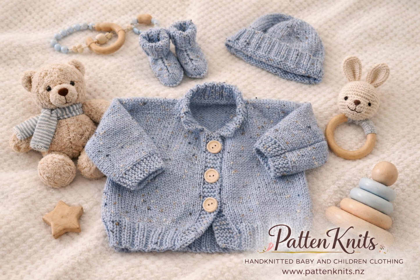 Blue Cardigan, hat and booties