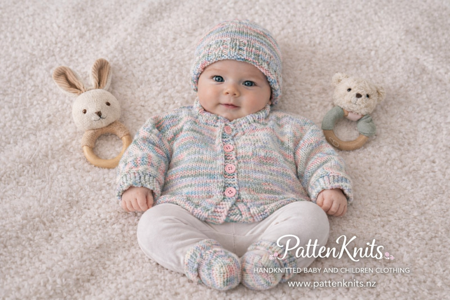 Multi coloured Cardigan, hat and booties