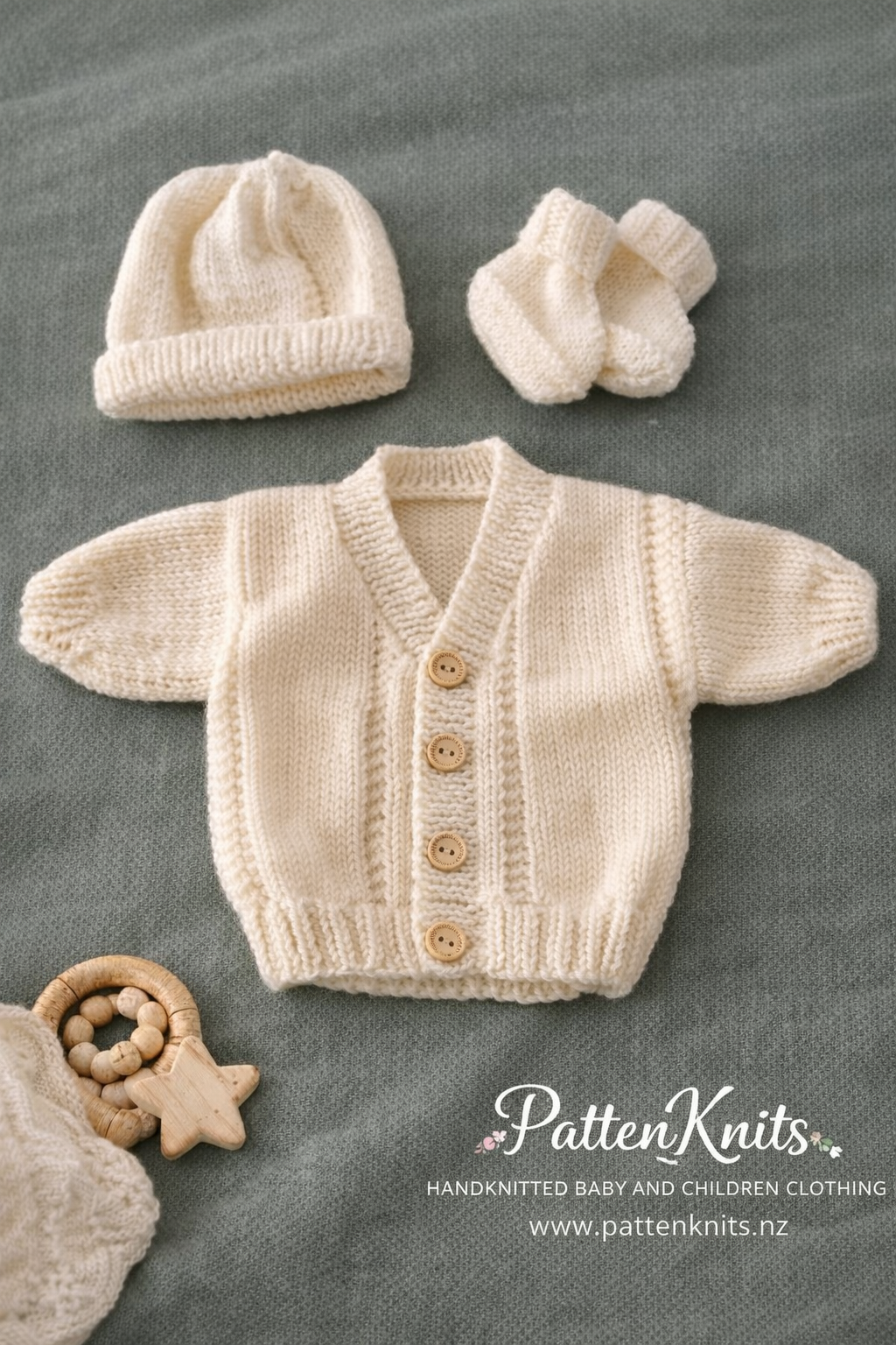 Cream Cardigan, hat and booties