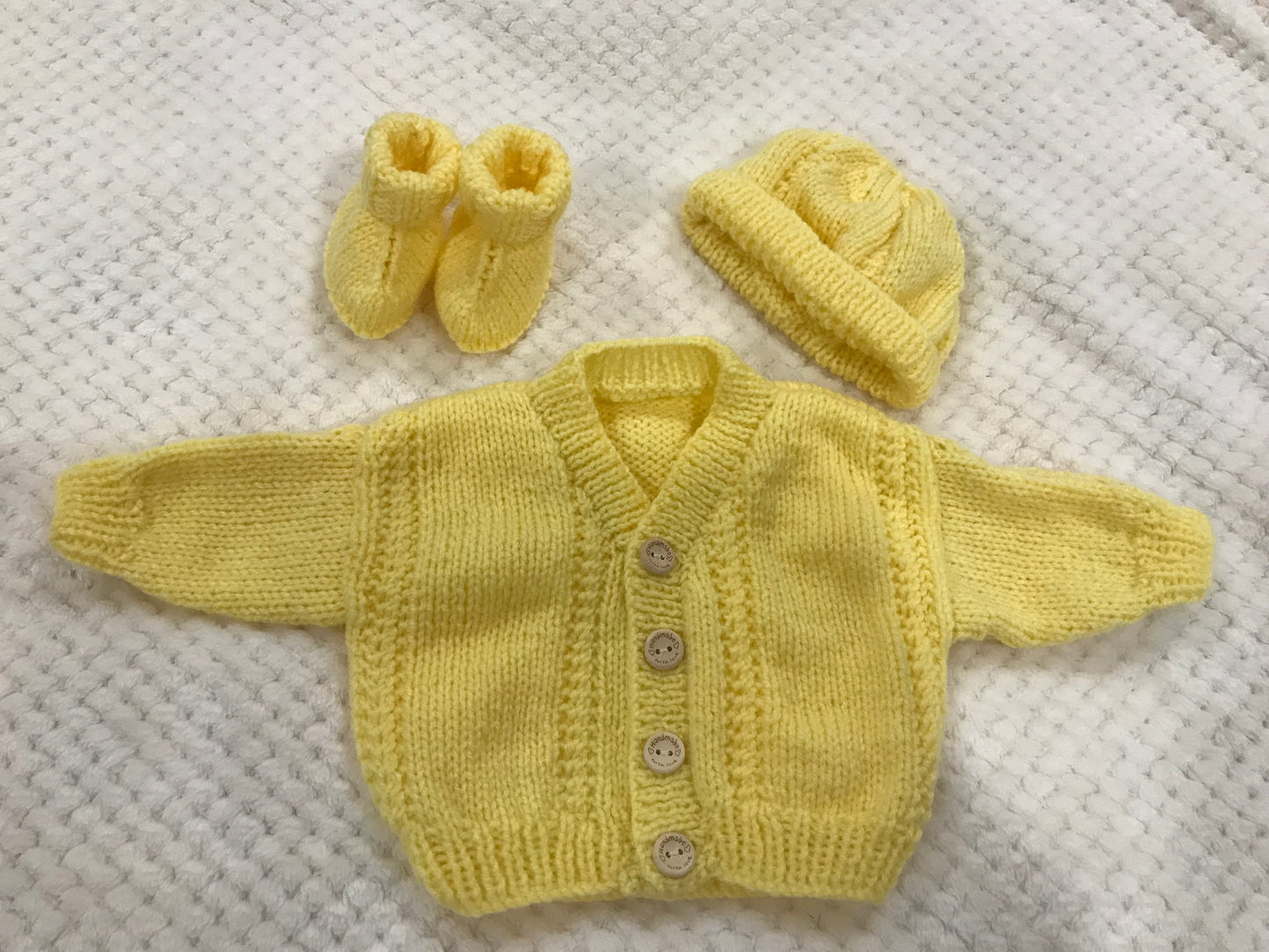 Lemon Cardigan, hat and booties