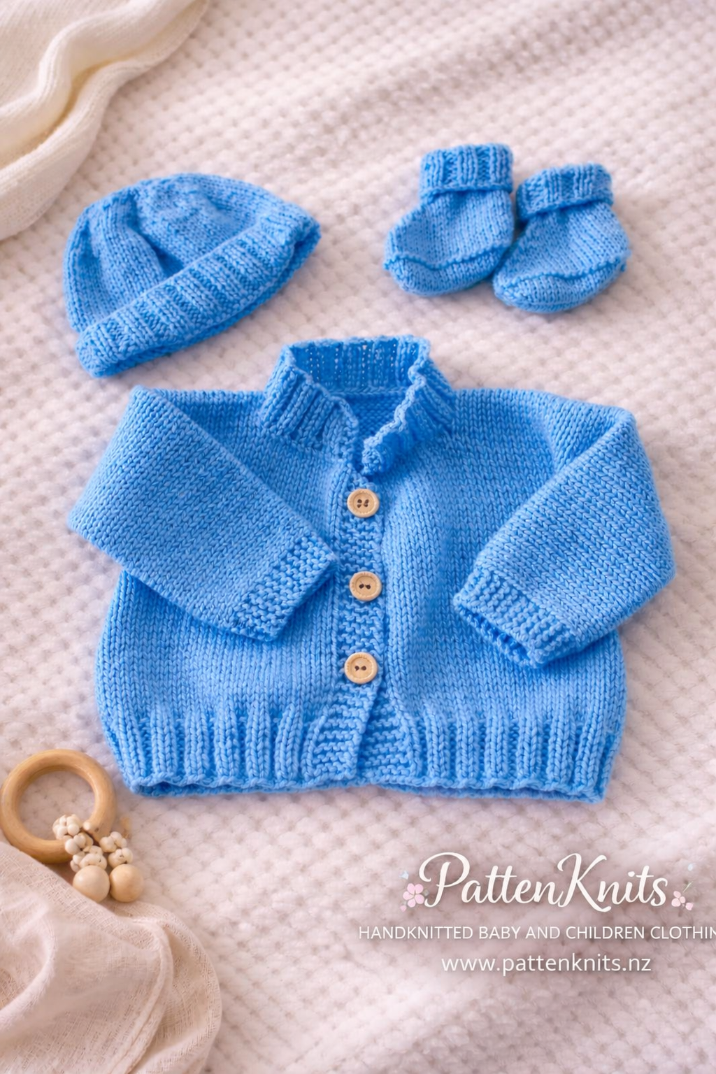 Handknitted Blue Cardigan, Hat and Booties