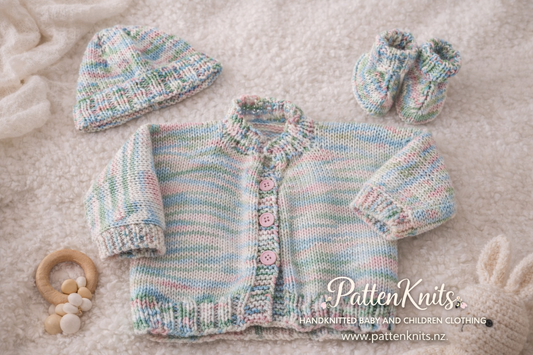 Multi coloured Cardigan, hat and booties