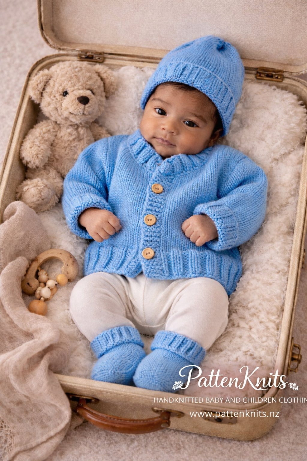 Handknitted Blue Cardigan, Hat and Booties