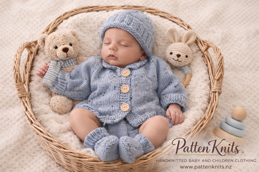 Blue Cardigan, hat and booties