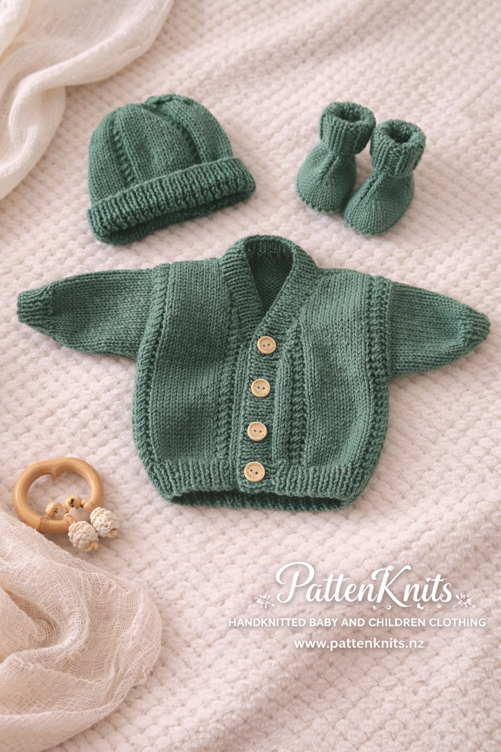 Green Cardigan, hat and booties