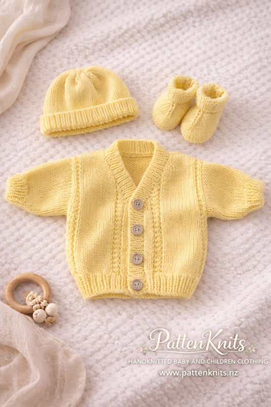 Lemon Cardigan, hat and booties